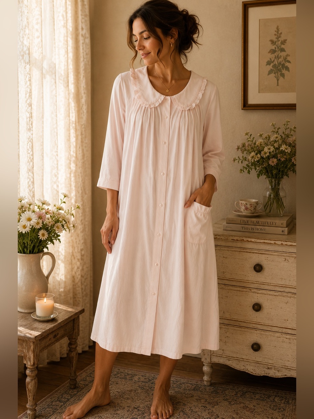 VINTAGE Shadowline Pink Button-Front Housecoat Robe- Peter Pan Collar- Large